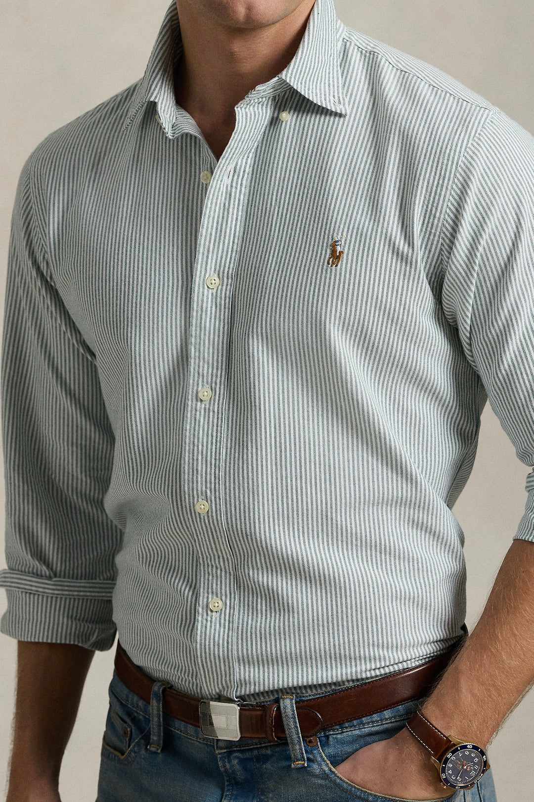 Custom Fit Striped Oxford Shirt Uni Pine/White