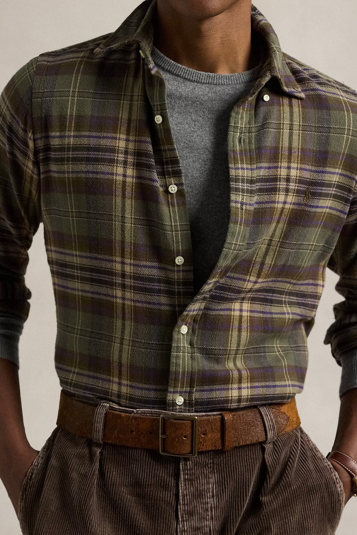 Custom Fit Plaid Brushed Flannel Shirt Olive/Brown Multi