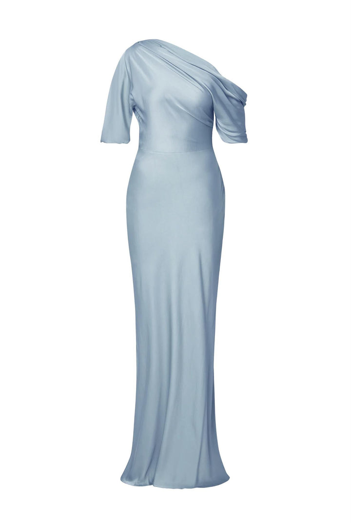 Marisa Asymmetrical Satin Maxi Dress Dusty Blue