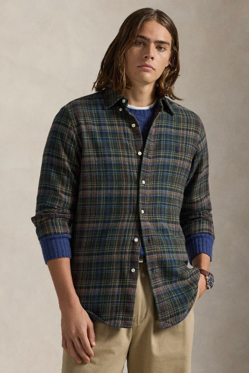Custom Fit Plaid Brushed Flannel Shirt Pine Navy Multi