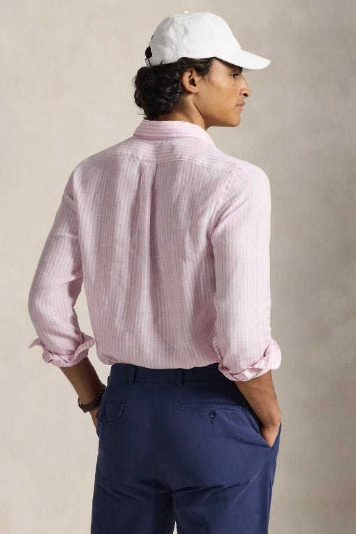 Custom Fit Striped Linen Shirt Pink White