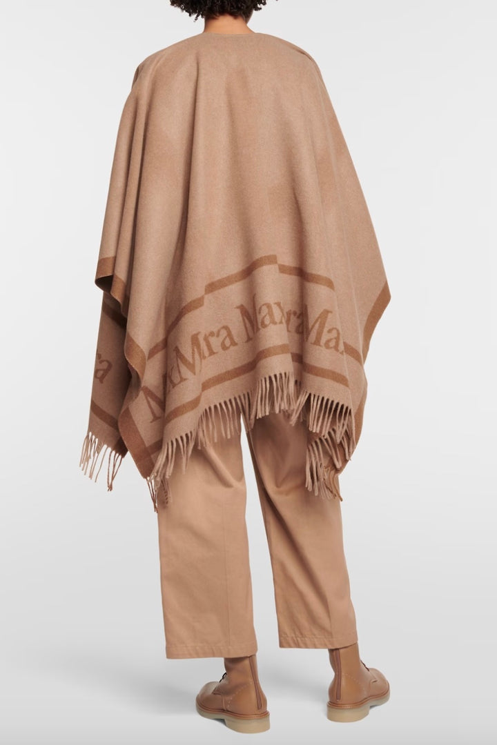 Hilde Jacquard Logo Wool Poncho Camel