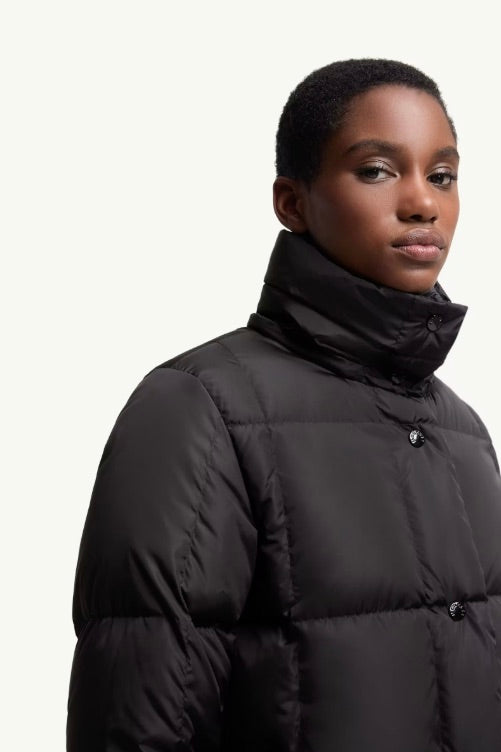 Litte Square-Quilted Hooded Long Down Jacket Black