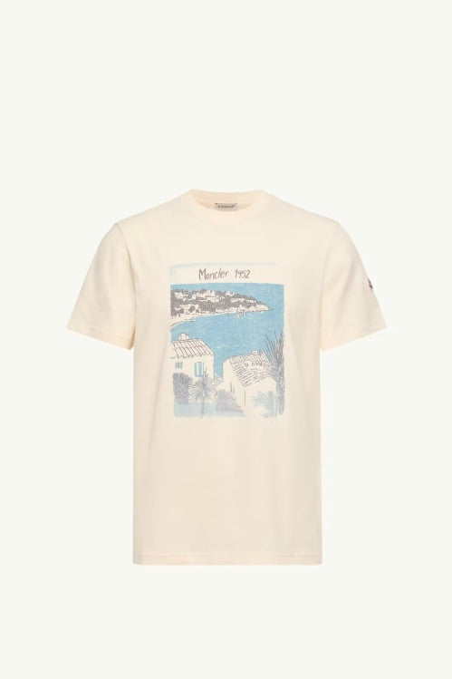 Seaside Print Cotton T-Shirt Open White