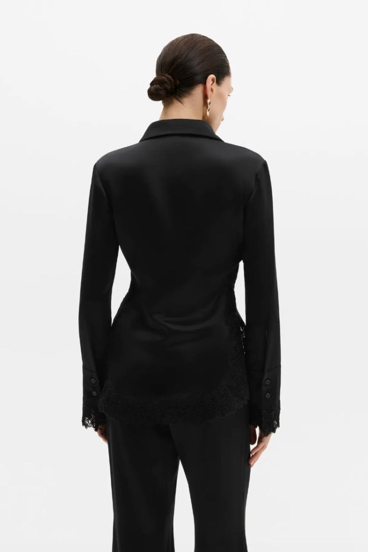 Malou Satin Lace Hem Shirt Black