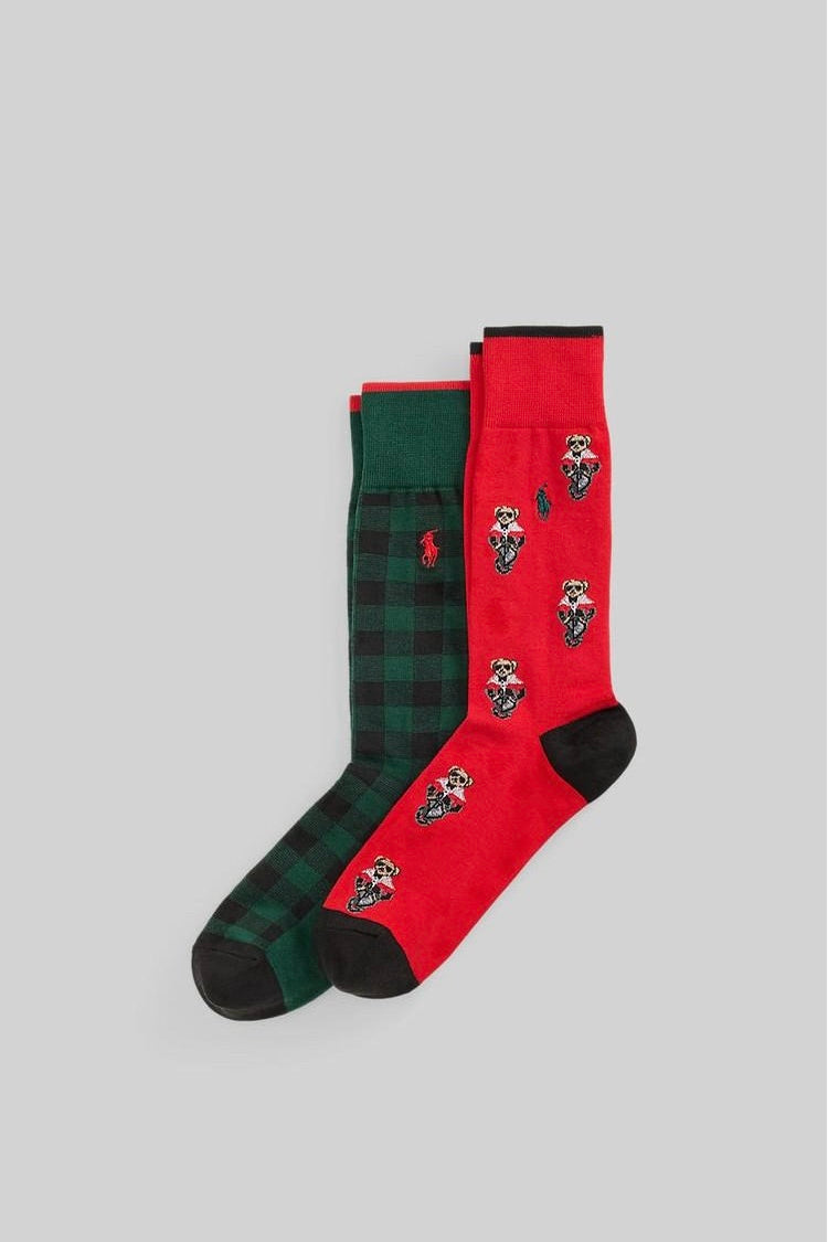 Combed Cotton Crew Sock Polo Bear 2 pk Red Hunter