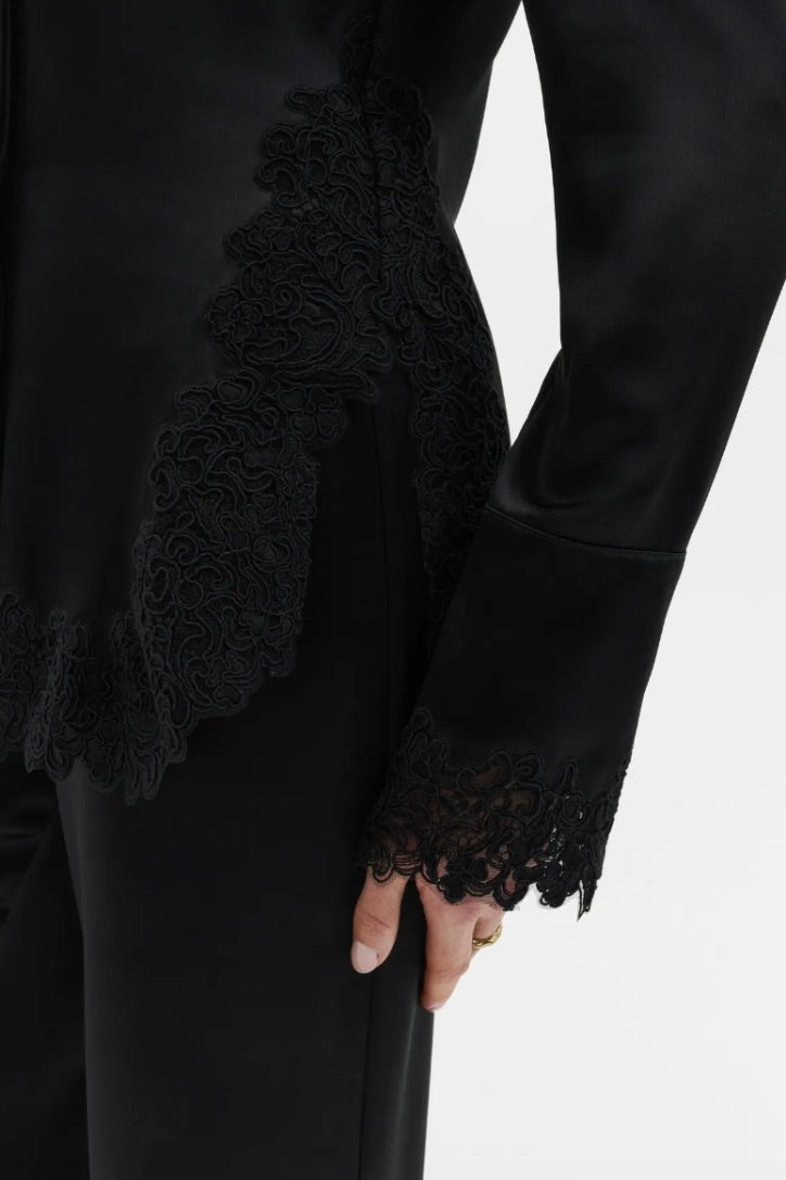 Malou Satin Lace Hem Shirt Black