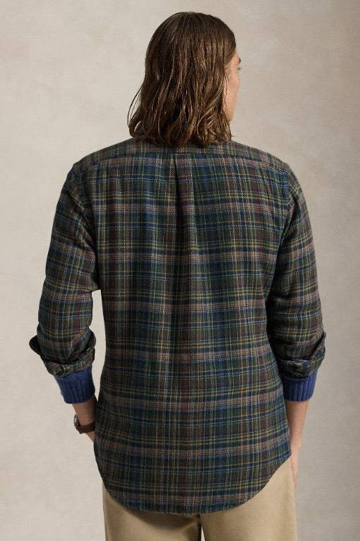 Custom Fit Plaid Brushed Flannel Shirt Pine Navy Multi