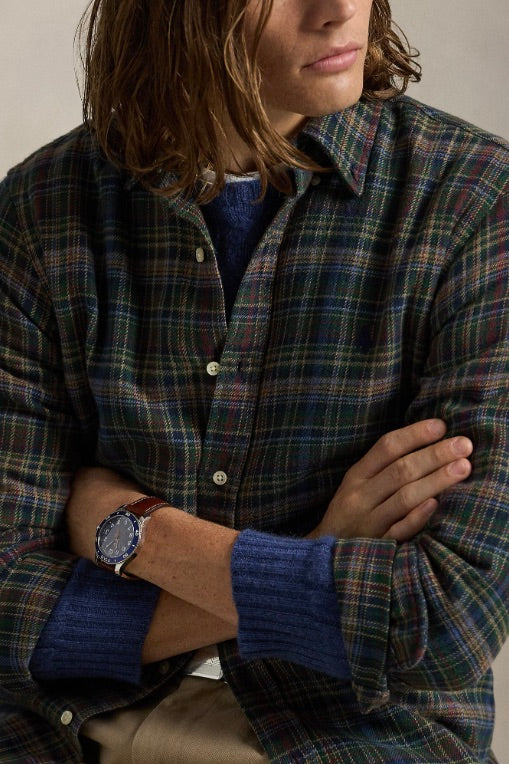 Custom Fit Plaid Brushed Flannel Shirt Pine Navy Multi
