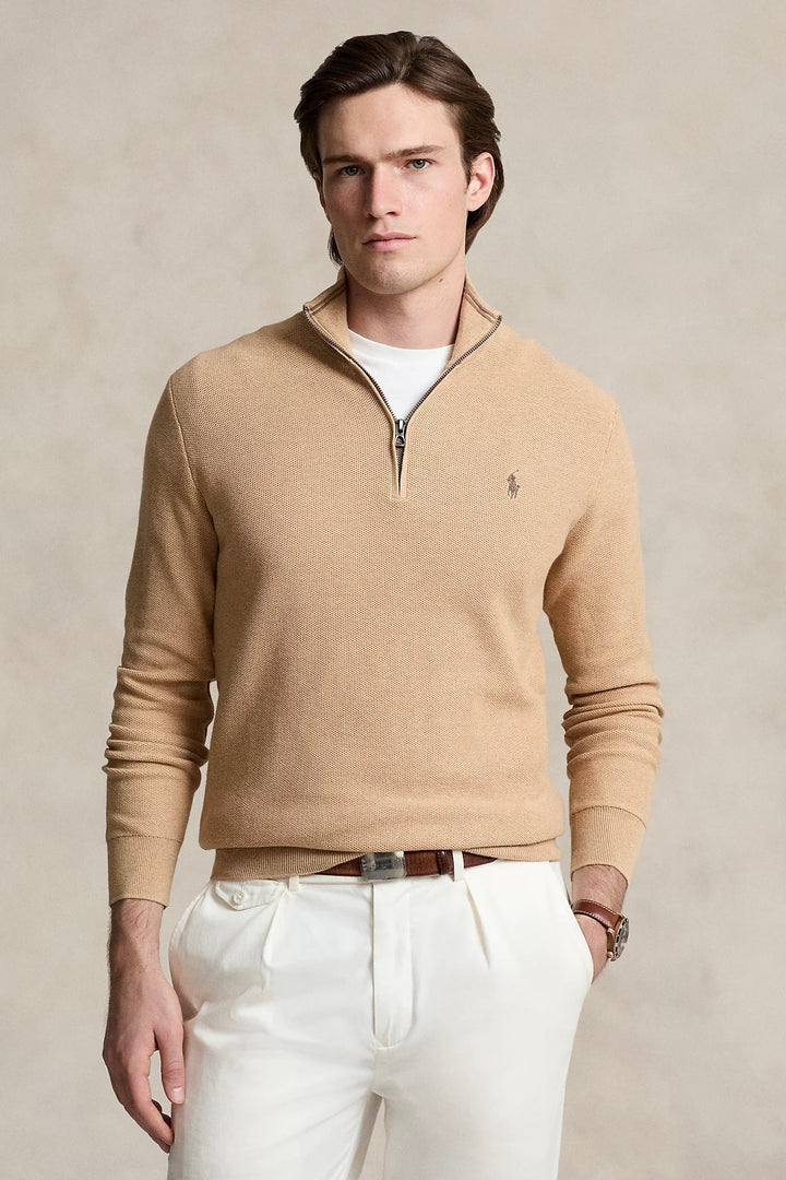 Mesh-Knit Cotton Quarter-Zip Jumper Camel Melange