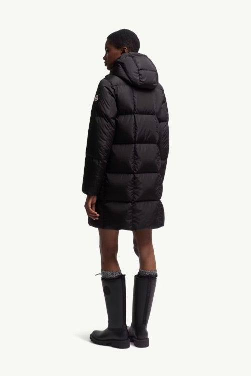 Litte Square-Quilted Hooded Long Down Jacket Black