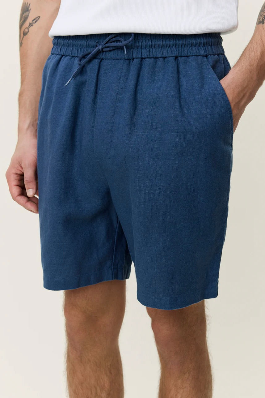 Drawstring Linen Shorts Dark Denim Blue