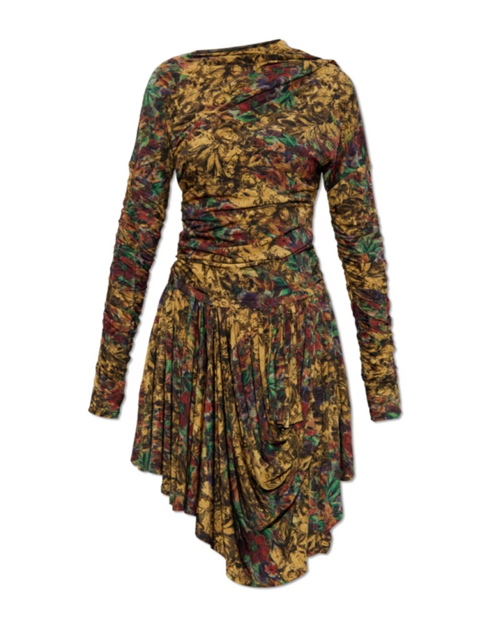 Printed Shiny Jersey Ruched Mini Dress