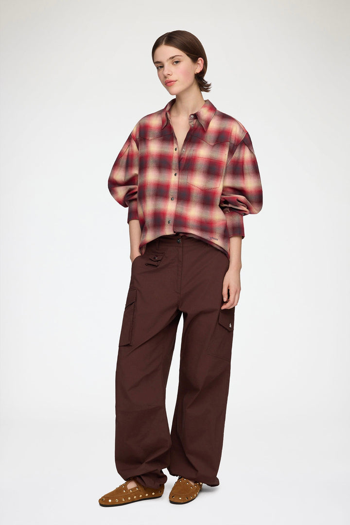 Cotton Flannel Check Pleated Sleeve Shirt Raspberry Wine