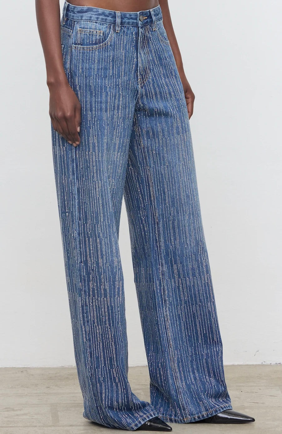 Strass Embellished Wide Leg Jeans Blue