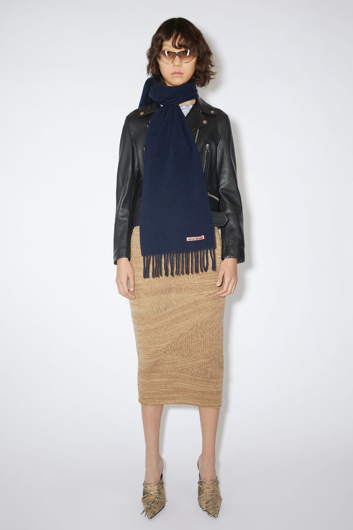 Fringe Wool Scarf Skinny Navy Blue