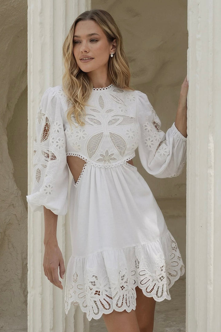 Arden Mini Dress White w/Embroidery