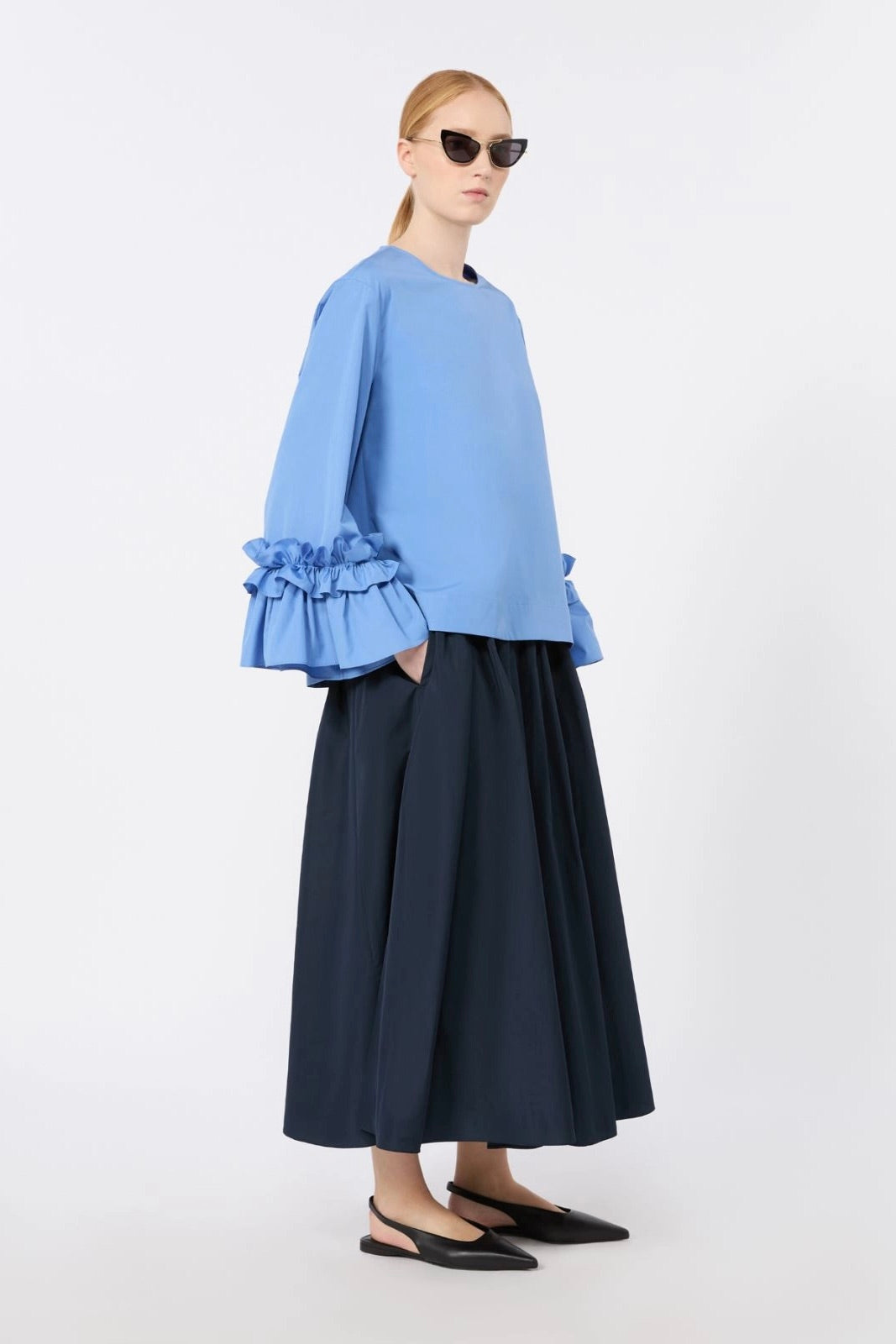 Poplin Blouse with Ruffles and Flounces Blouse Azure Blue