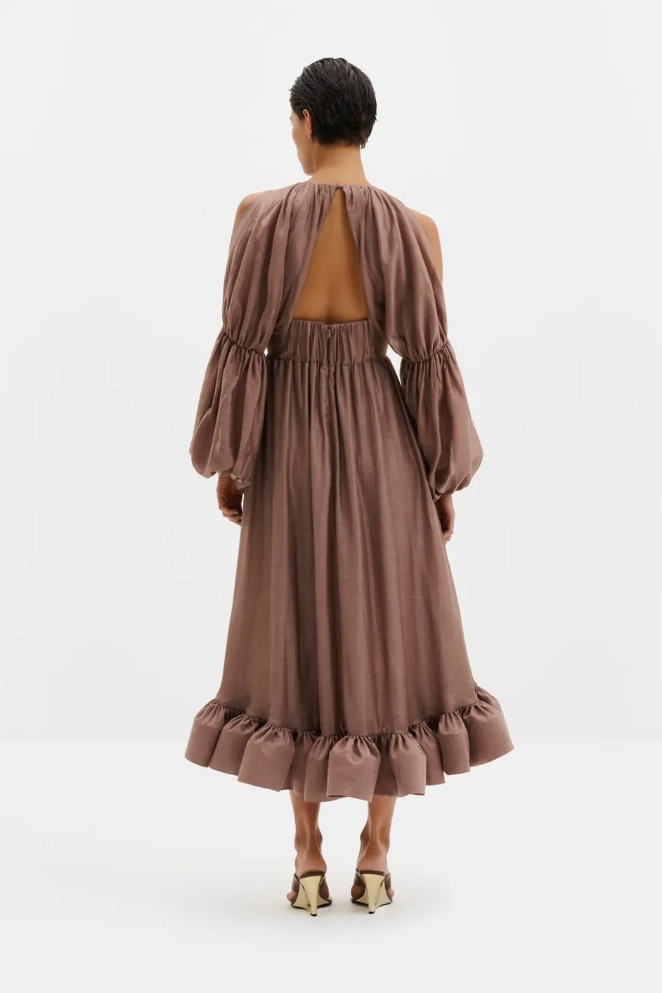 Leontine Pouf Sleeve Ruffled Midi Dress