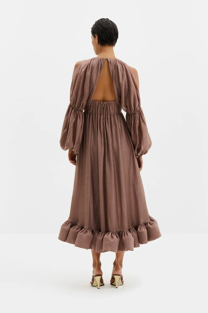 Leontine Pouf Sleeve Ruffled Midi Dress