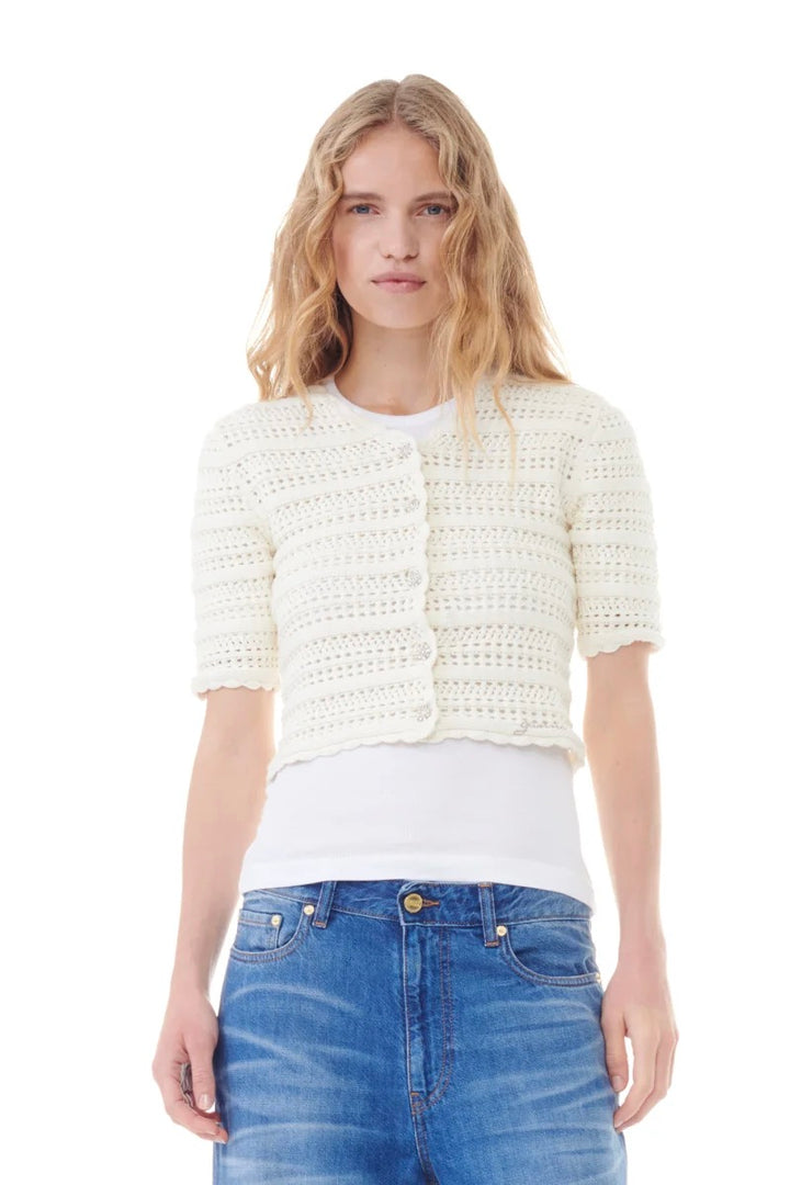 GANNI - Cotton Pointelle Short Sleeve Cardigan - Dale