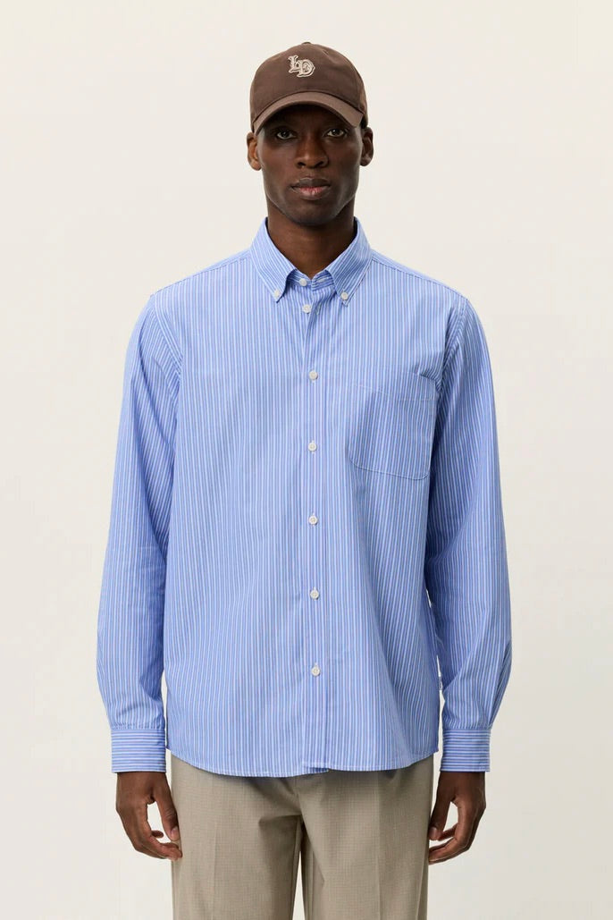 LES DEUX Kent Stripe Poplin Shirt Blue Fog - Dale