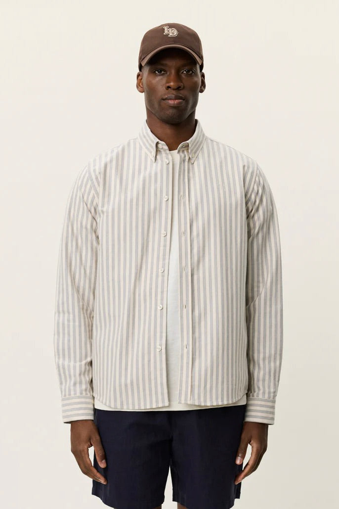 LES DEUX Konrad Stripe Oxford Shirt Eggnog White - Dale