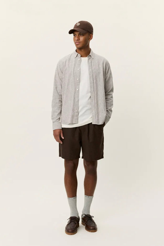 LES DEUX Konrad Stripe Cotton Linen Shirt Teak Brown - Dale
