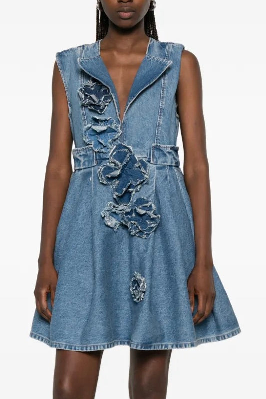 Flower Denim Puff Mini Dress