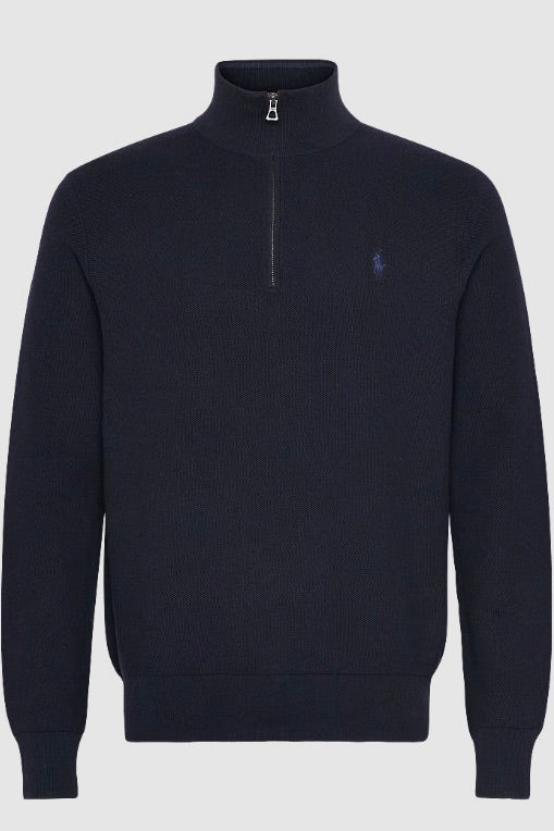 Mesh-Knit Cotton Quarter-Zip Sweater Navy Heather
