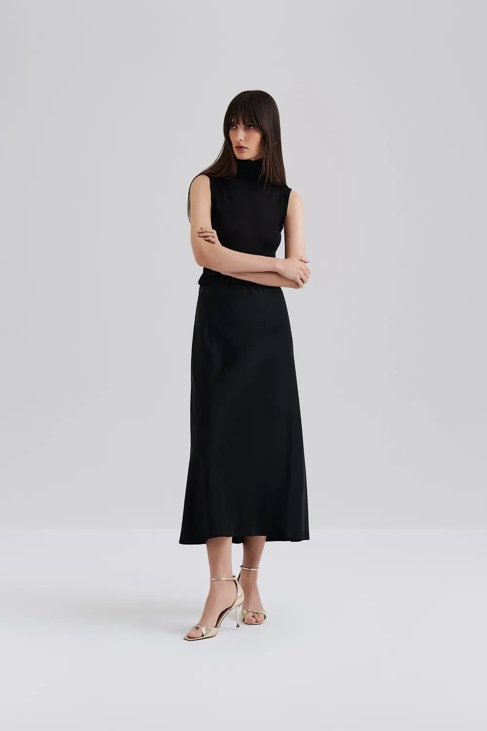 Aubree Satin Midi Skirt Black
