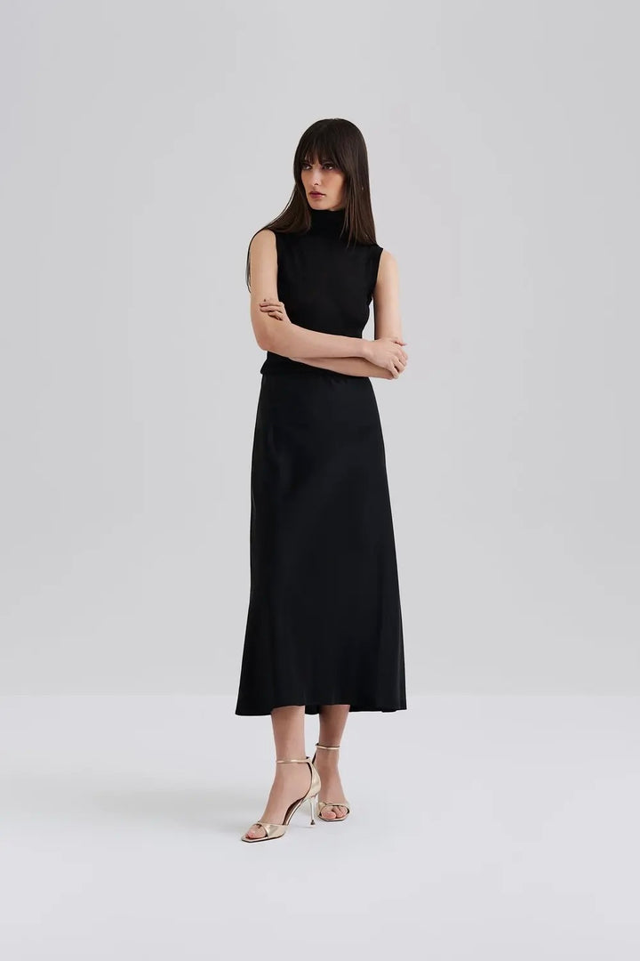 Aubree Satin Midi Skirt Black