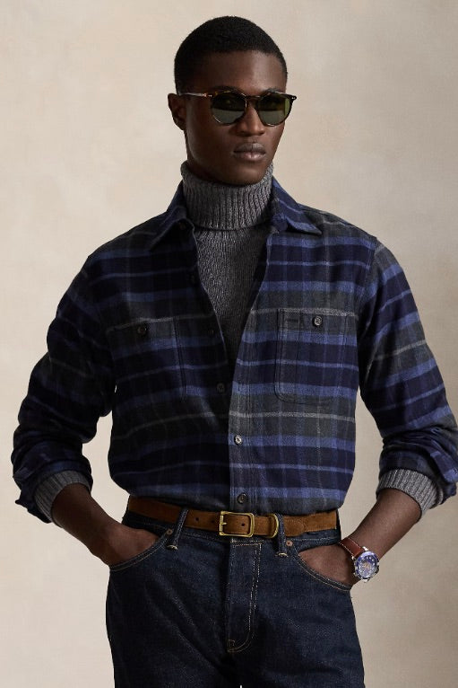 Classic Fit Plaid Twill Workshirt Navy/Grey Heather
