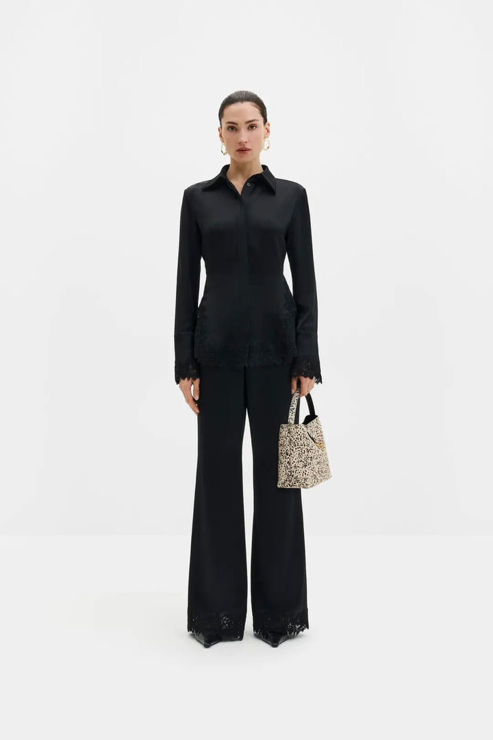 Marine Satin Lace Hem Trousers Black