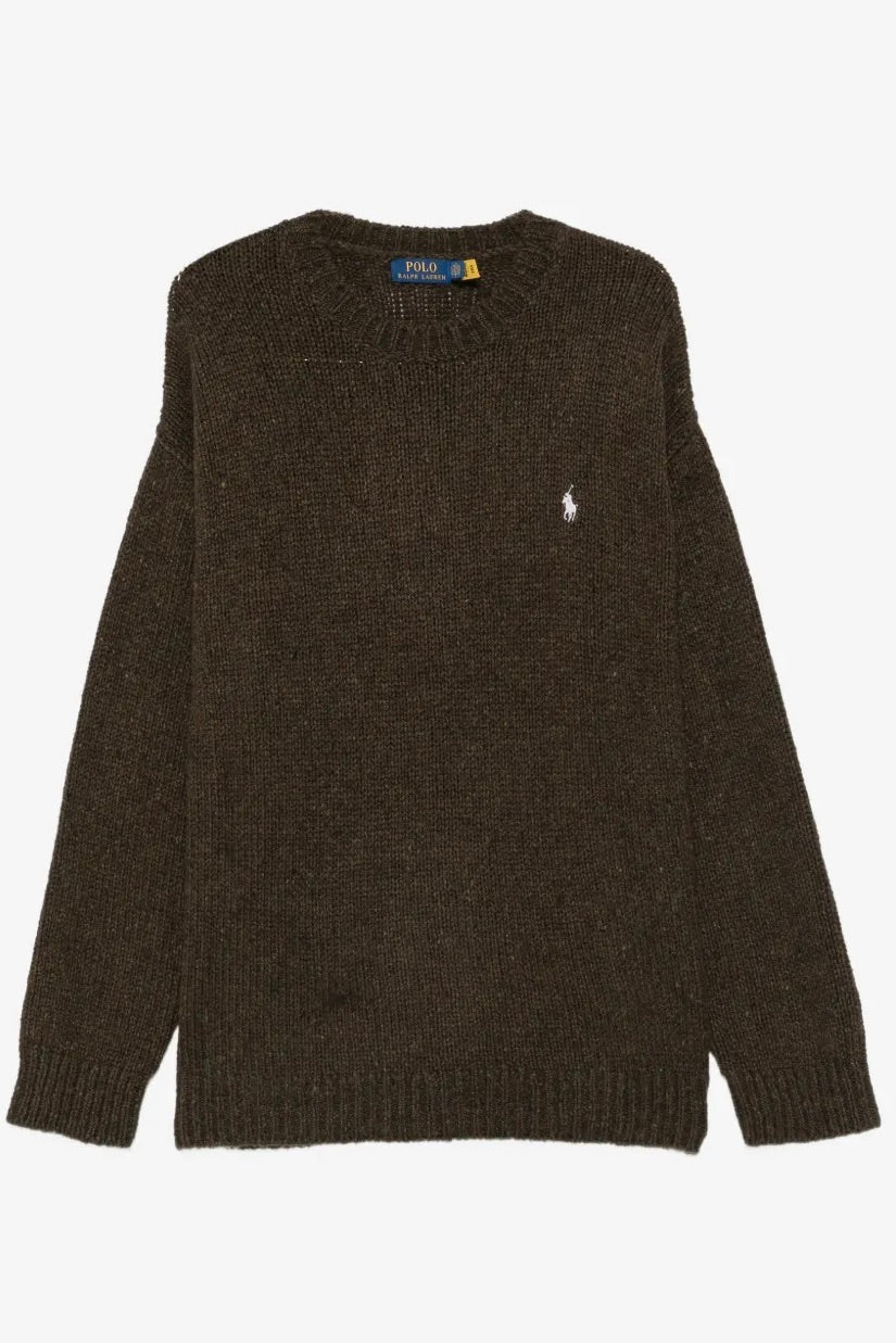 Logo-Embroidered Ribbed-Knit Sweater Olive Brown Marl