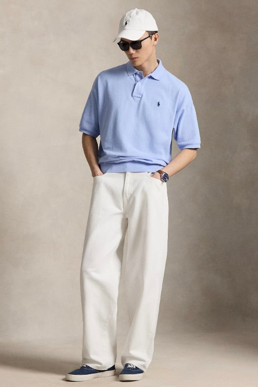 Relaxed Fit Mesh Polo Shirt Pebble Blue