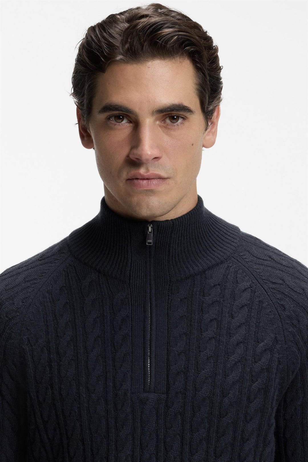 H-Furore Cable-Knit Zip-Neck Sweater Dark Blue