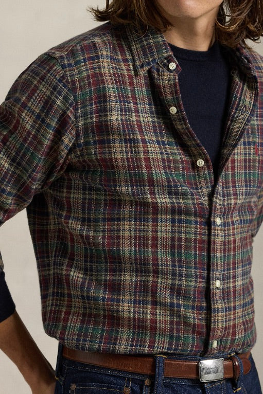 Custom Fit Plaid Brushed Flannel Shirt Wine/Khaki