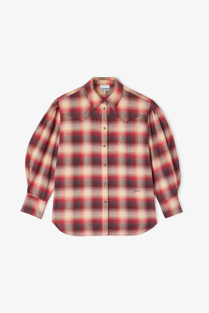 Cotton Flannel Check Pleated Sleeve Shirt Raspberry Wine