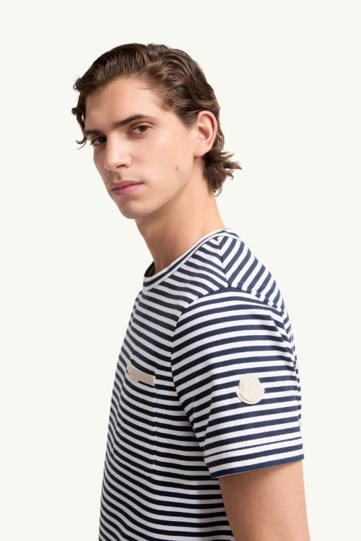 MONCLER Striped Cotton T-Shirt White & Blue - Dale