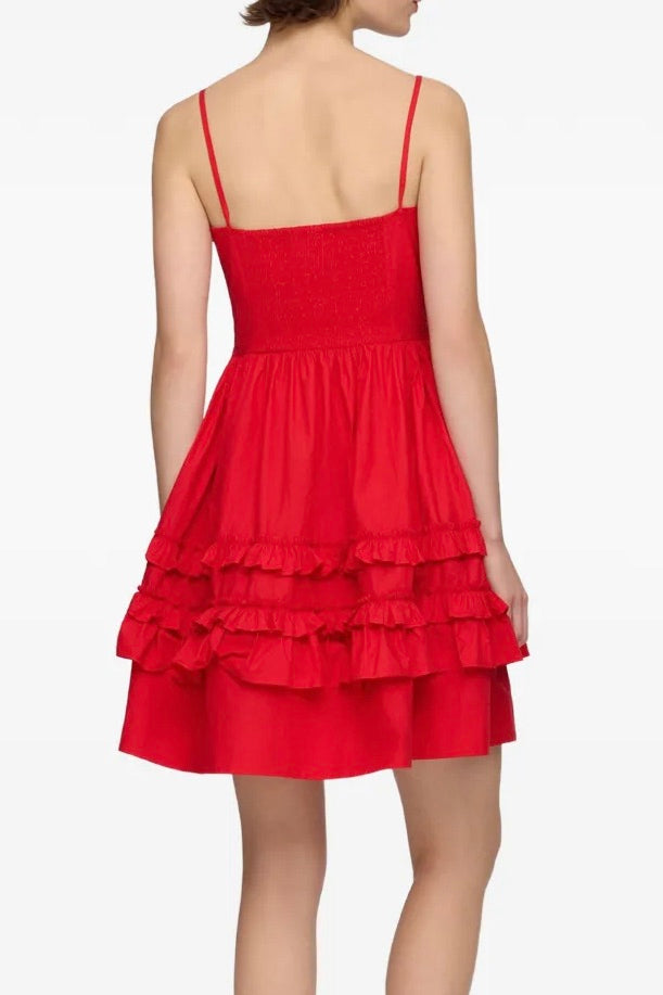 Cotton Poplin Mini Strap Frill Dress Racing Red
