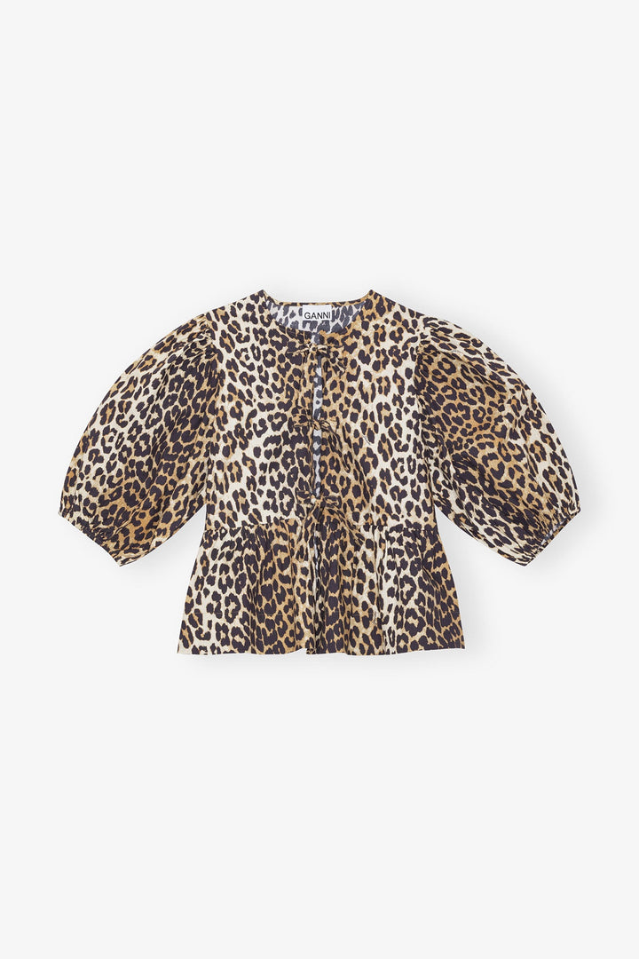 Leopard Cotton Poplin Peplum Tie Blouse