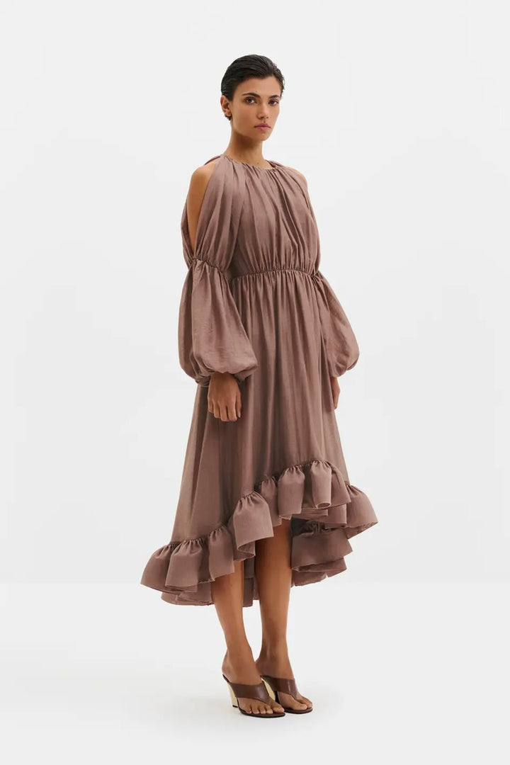 Leontine Pouf Sleeve Ruffled Midi Dress