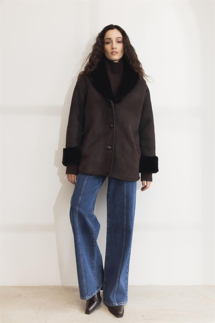 CAMILLA PIHL Luna Shearling Jacket Dark Brown Suede - Dale