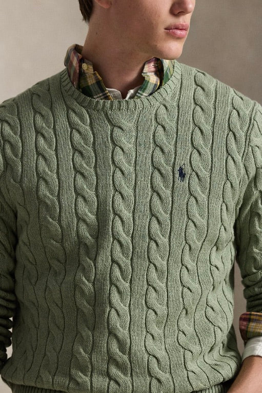 Cable-Knit Cotton Jumper Fern Green Heather