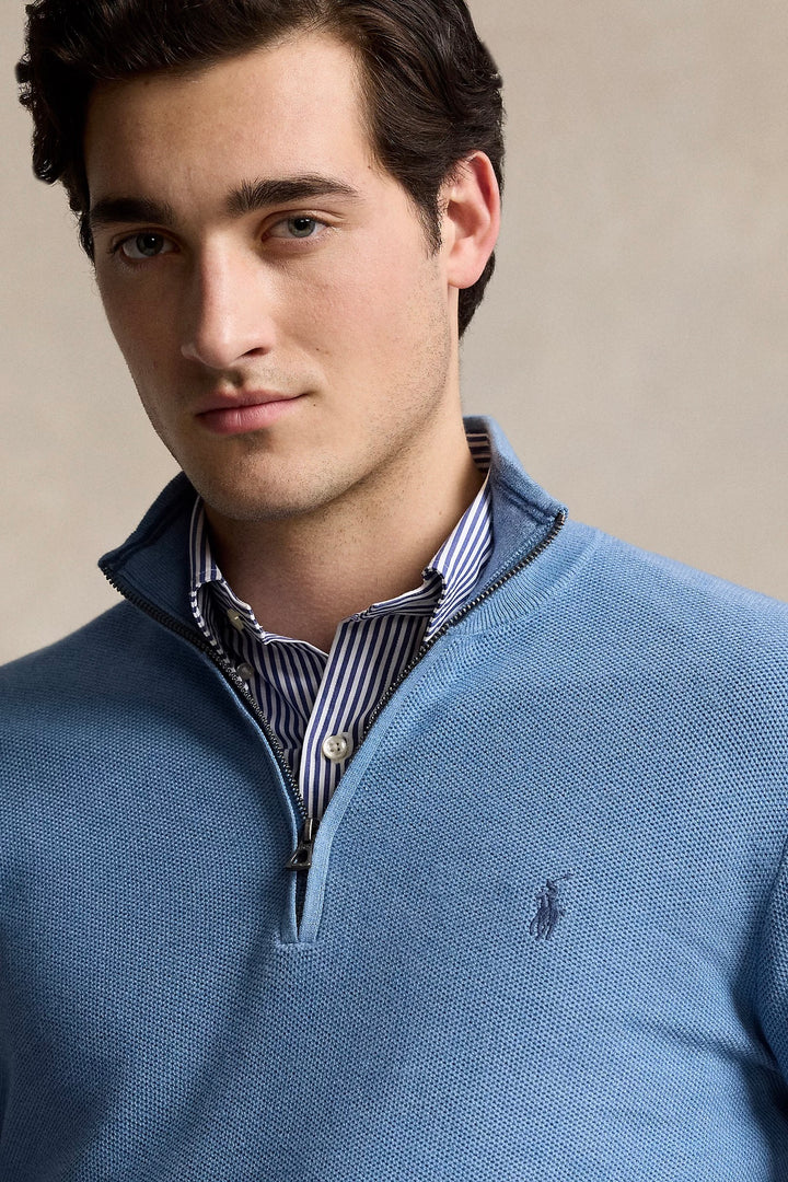 Mesh-Knit Cotton Quarter-Zip Jumper Lake Heather