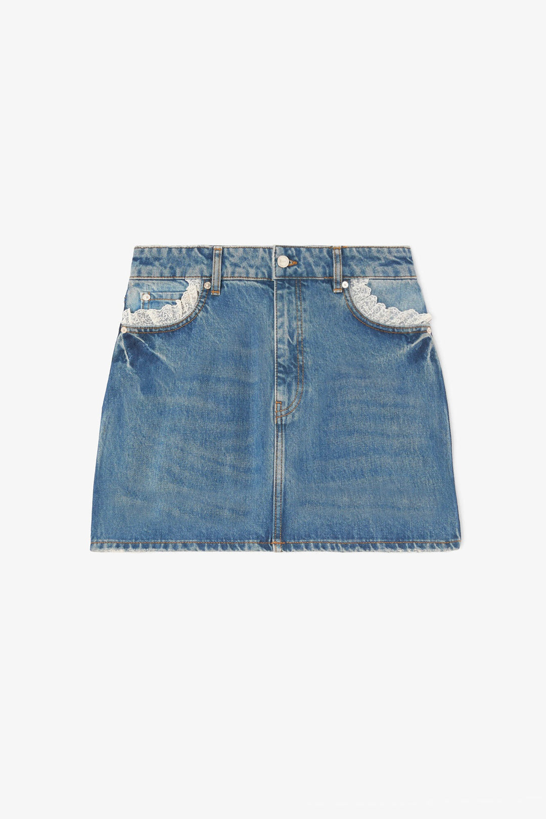 Rigid Denim Lace Mini Skirt Dark Vintage Blue