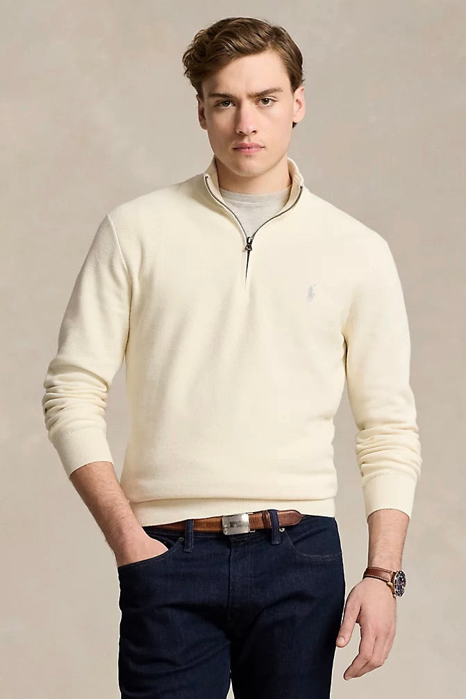 Mesh-Knit Cotton Quarter-Zip Jumper Herbal Milk