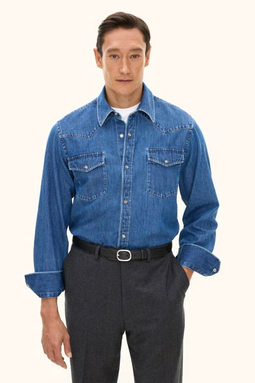 Straight Fit Western Shirt Denim Blue