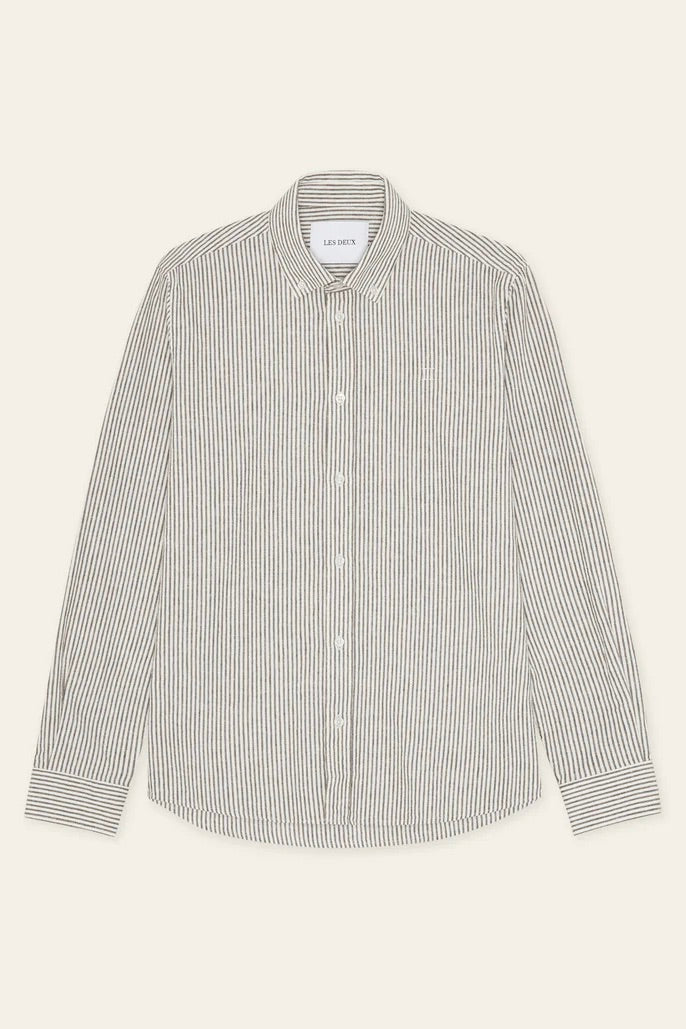 LES DEUX Konrad Stripe Cotton Linen Shirt Teak Brown - Dale